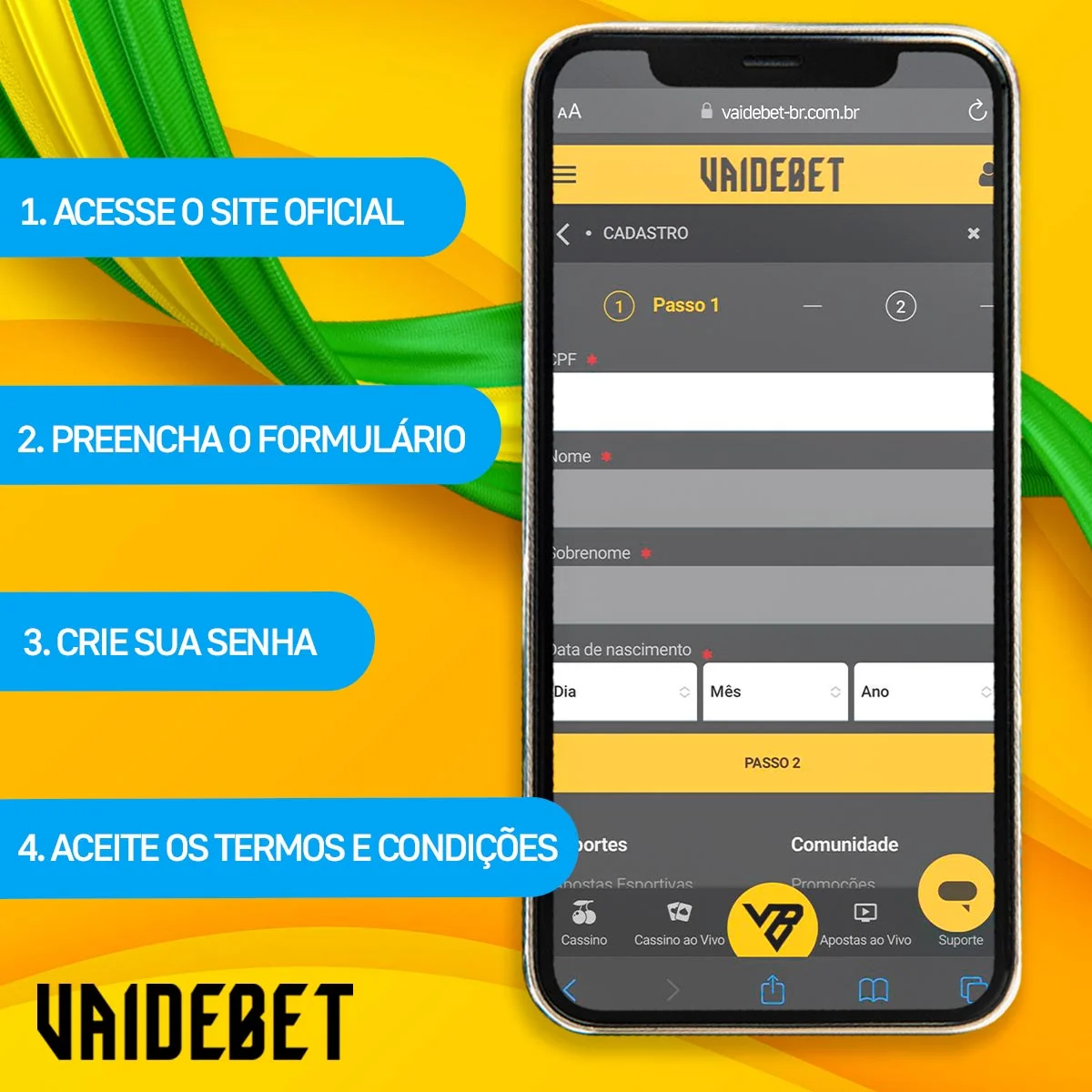 Instruções sobre como obter o bónus de inscrição Vaidebet